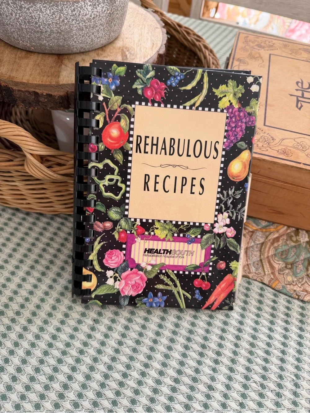 Vintage 90s Rehabulous Recipes Spiral-Bound Cookbook Fruit & Floral Cover